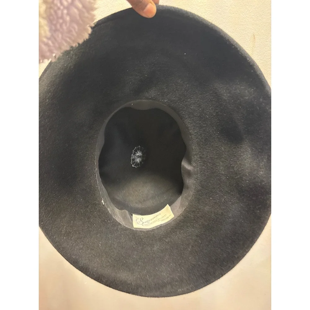 Suzanne Custom Made Millinery Black Wool‎ Flower Bow Wide Brim Hat